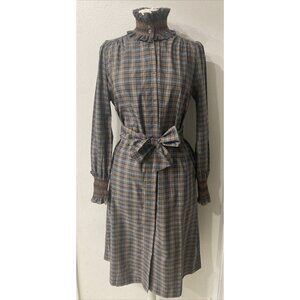 Plaid Long-Sleeve Dress with Bow Tie